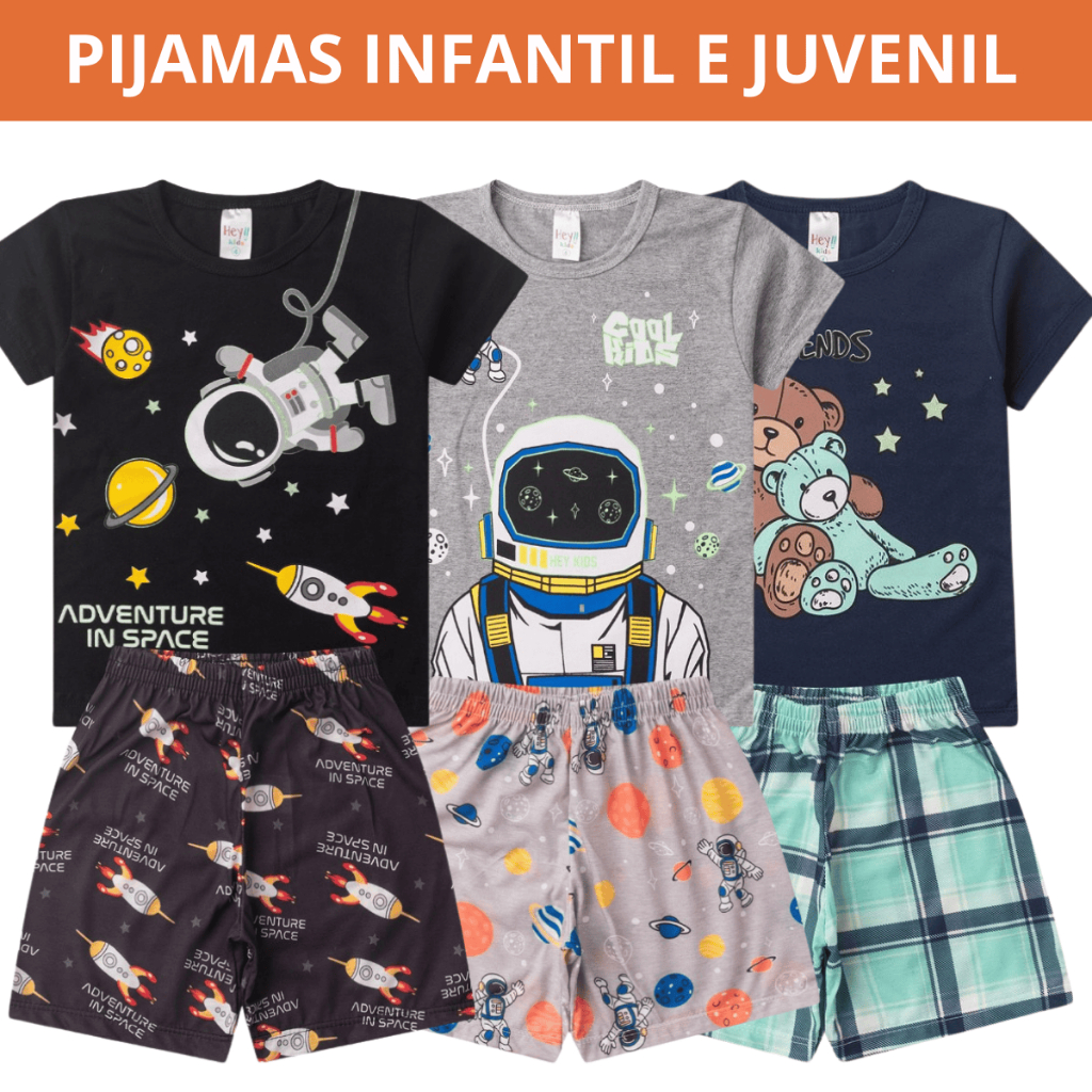 Pijama Infantil Menino Verão Estampado Confortável Divertido Tam 1 ao 14