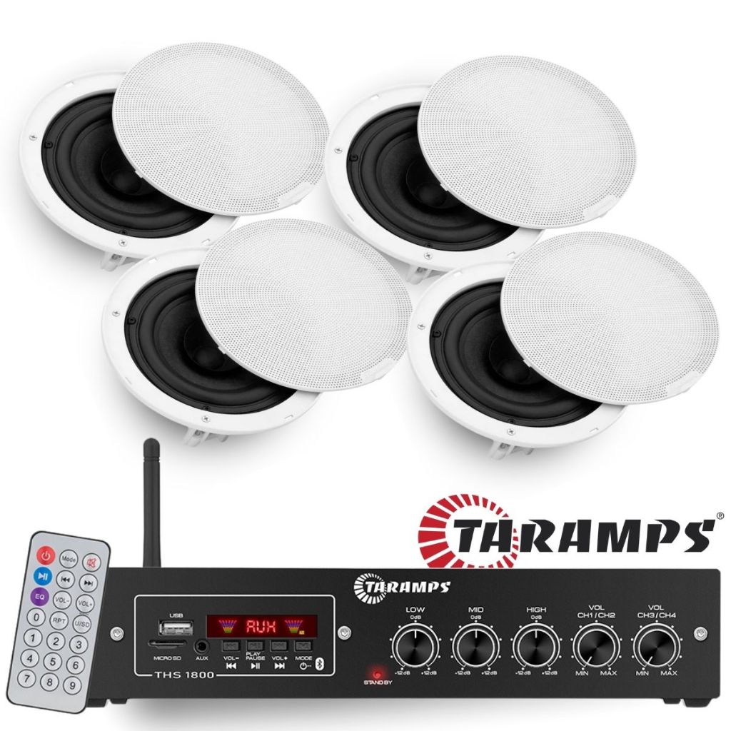 Kit 4 Caixa Som 160w Taramps Arandelas Acustica Embutir Teto Gesso Forro Ambiente Comercio Bar + Receiver Bluetooth Usb