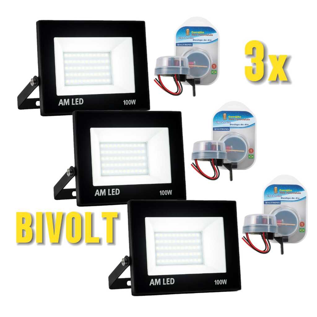 KIT 3 Refletores LED 100W Branco Frio + 3 Sensor Fotocélula noturno Iluminação Externa IP66