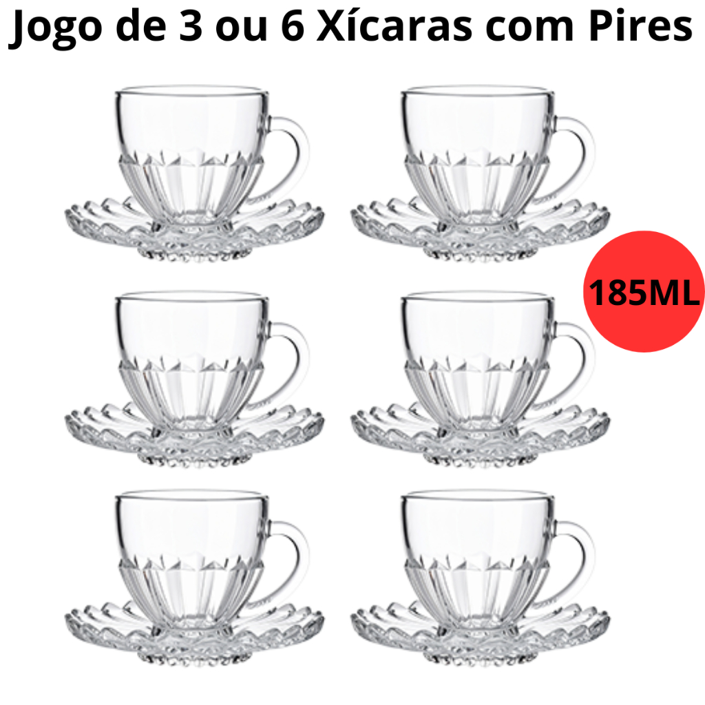 Jogo de Xícara com Pires 6 ou 12 Peças Cafe e Cha Brasiliano Transparente Vidro 185ml Decorada Luxo