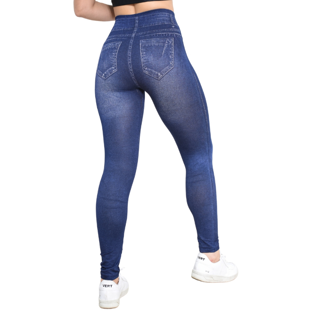 Legging Jeans Feminina Com Bolso fake Atrás leg fake imita jeans da academia ao casual