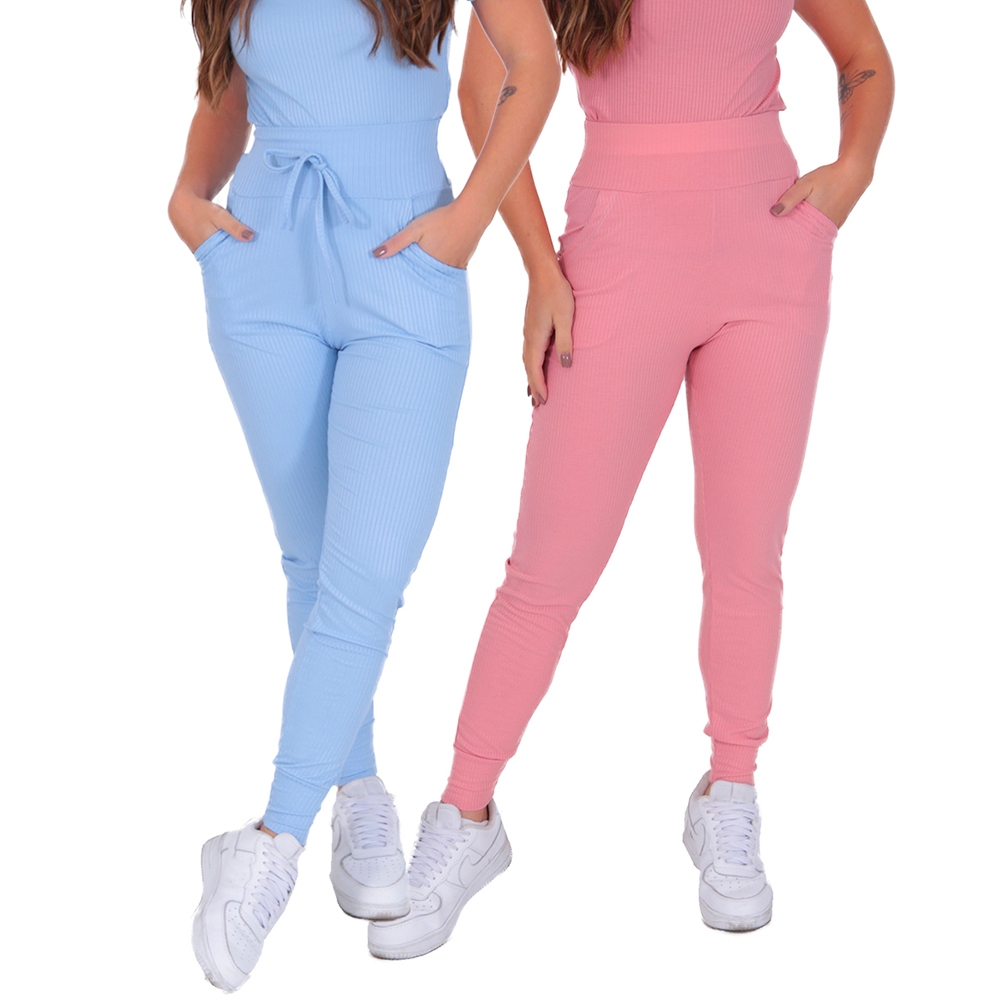 Kit 2 Calças Jogger Ribana Canelada Moda Feminina com Bolsos e Punho