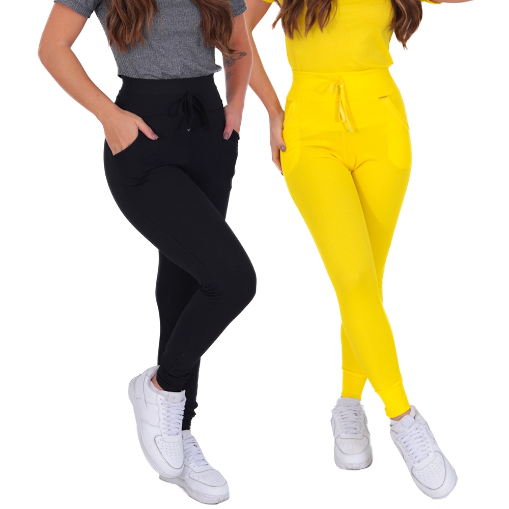 Detalhes do Kit 2 Calças Jogger Ribana Canelada Moda Feminina com Bolsos e Punho