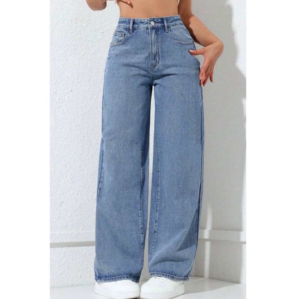 Calça Wide Leg Jeans Feminina Marmorizada Cintura Alta 100% Algodão Premium