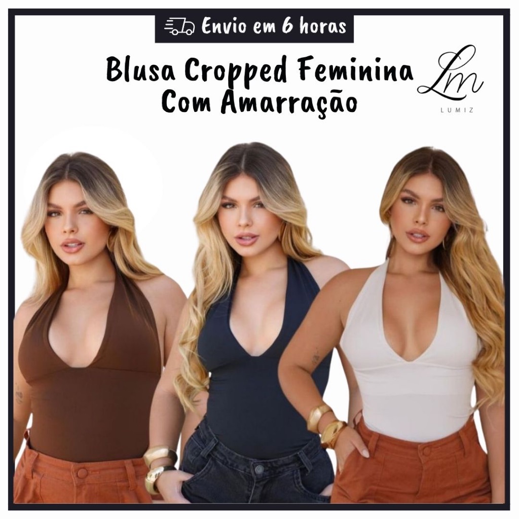 Blusa Cropped Feminina Com Amarração Frente Única Suplex Decote Moda Gringa Verão Blogueira