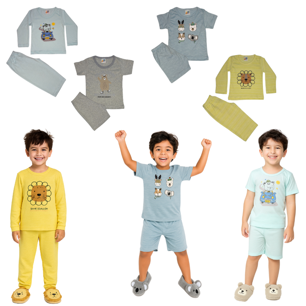 Kit Sortido 4 Peças Pijama 1 Conjunto Manga Longa 1 Conjunto Manga Curta Infantil Menino Tam 1 ao 8