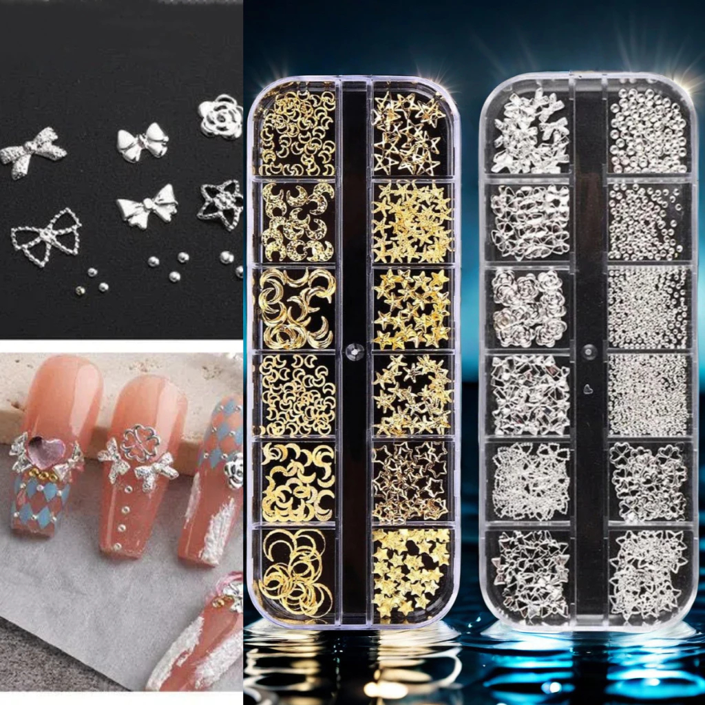 3D DIY Moon star Gold Nail Art Decoration Mixed Shaped Metal Hollow Rivets Shiny Sequin Rhinestone Manicure em Oferta na Shopee