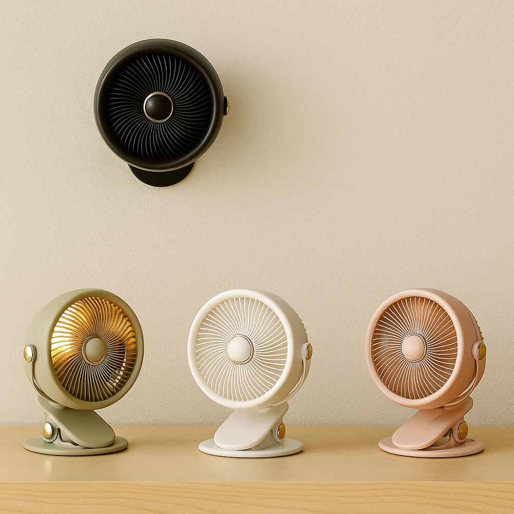 Mini Ventilador Portátil de Mesa Recarregável com Clip de Fixação, Luz Noturna e Suporte de Parede