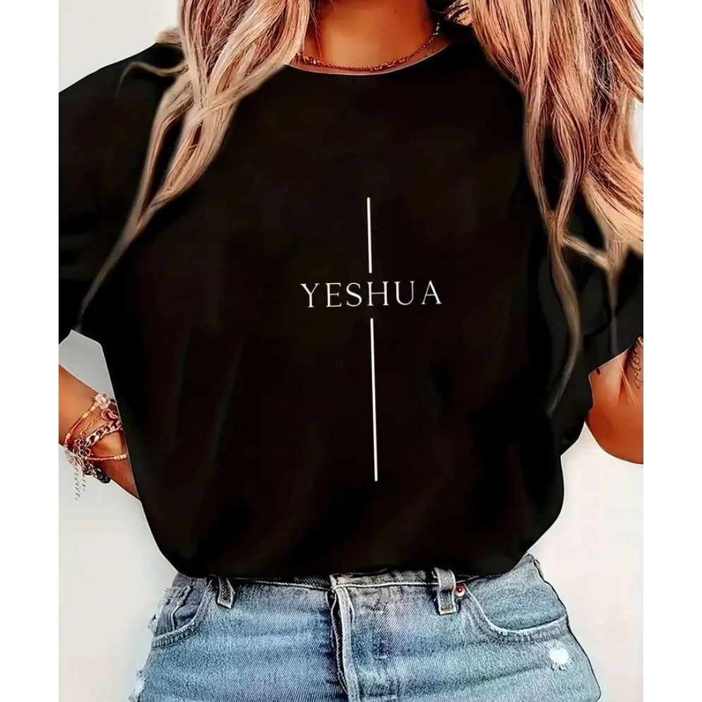 Camiseta Feminina Blusa Estampada Yeshua Cristã Minimalista Cruz Jesus 100% Algodão