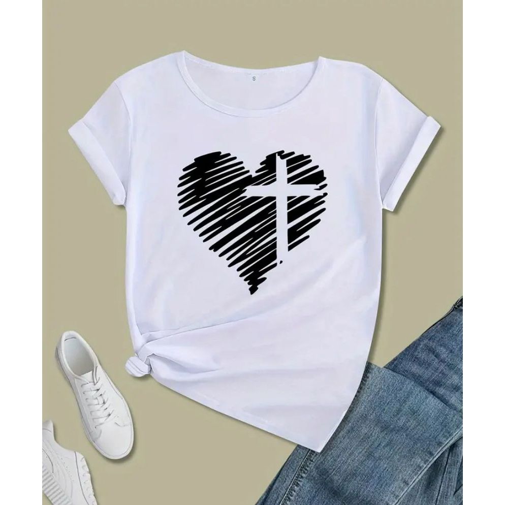 Camiseta Blusa Estampada Feminina Coração Cruz Cristã Jesus 100% Algodão Minimalista Estilosa