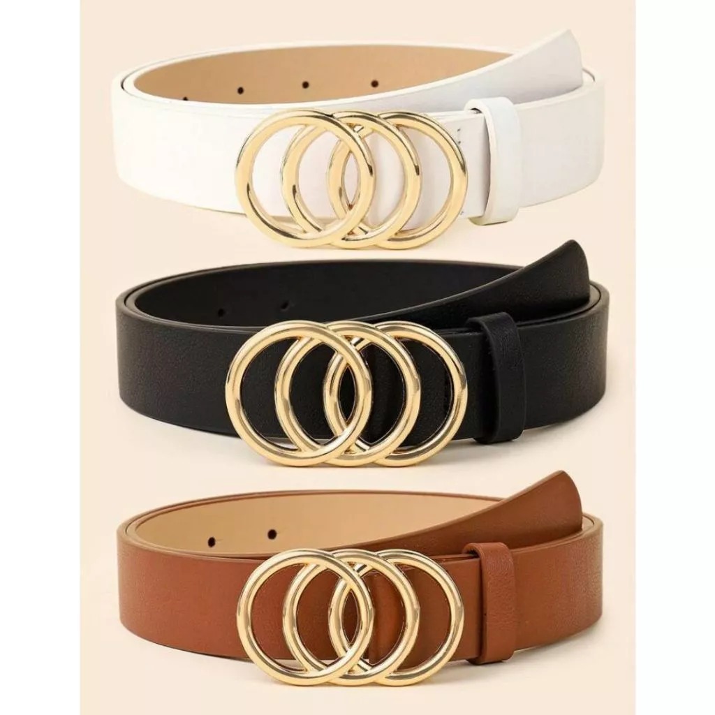 Cinto Fino unissex kit com 3 cintos argola tripla redondo dourada tendencia moda blogueira em Oferta na Shopee