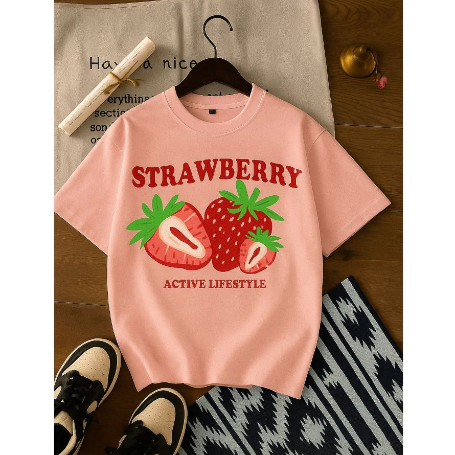 Camiseta Feminina Estampada Morango Strawberry Estilosa e Confortável Rosa, Branca e Preta