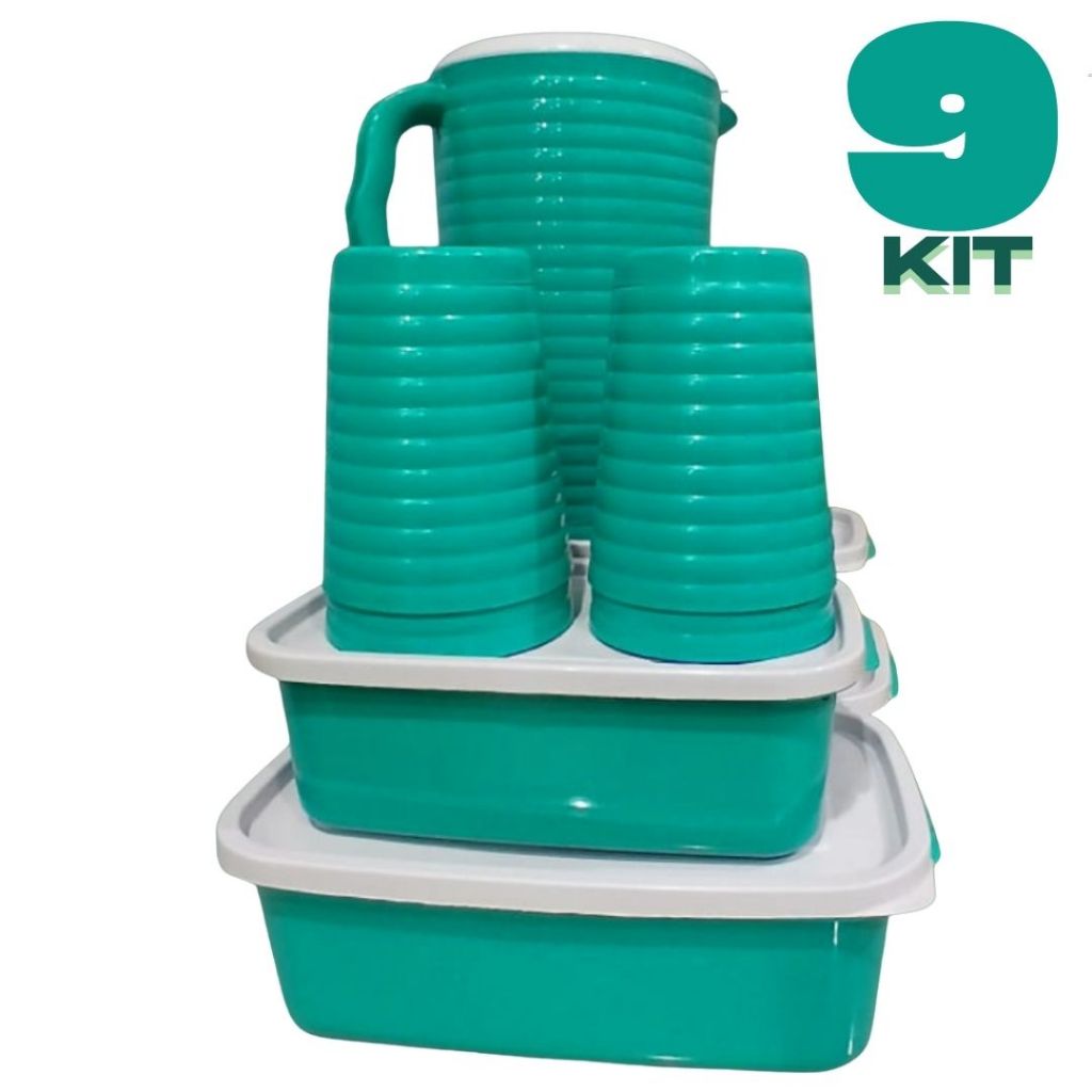 3370 - Kit Pote plástico utilidade do lar 2 potes 1.100ml + 2 potes 1.800ml   + 4 copos + 1 jarra