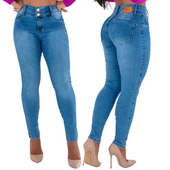 Calça Jeans Skinny Feminina Cós Duplo Modelagem Empina Bumbum Cintura Alta Com Lycra