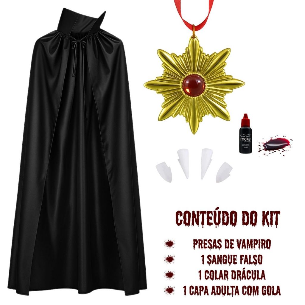 Kit Vampiro Cosplay Nosferatu Fantasia Drácula Adulto Halloween Capa Presas Sangue Falso Colar Luxo