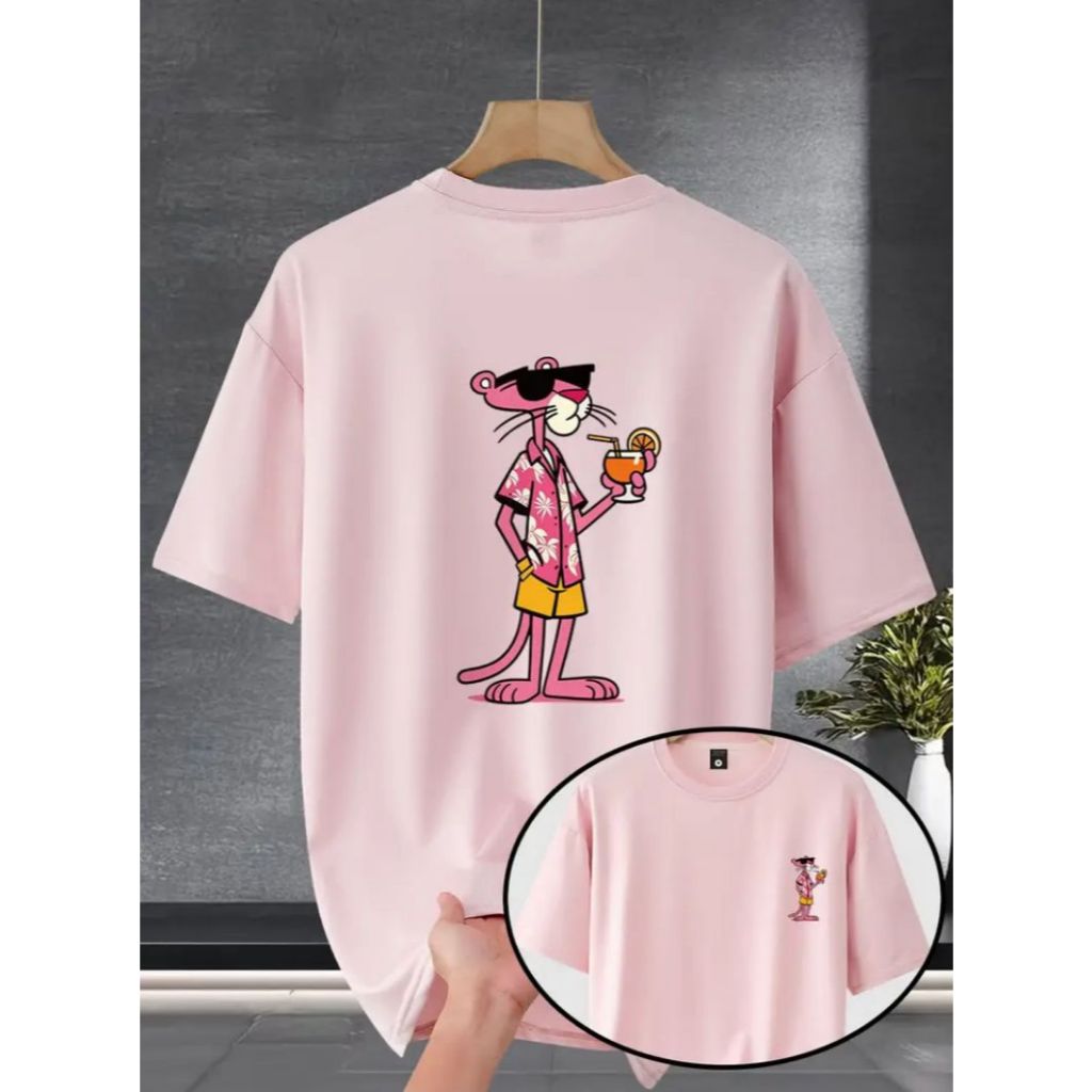 Camiseta Unisses Estampa Pantera Cor de Rosa Drink Estilo Casual 100% Algodão