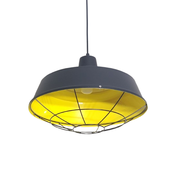 Luminária Pendente Industrial Retro 38cm Preto c/ Amarelo Grade Sala Estar Jogos Varandas Area Gourmet Sinuca Bilhar