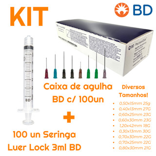 Kit 100 Seringas BD Luer Lock 3ml + 100 Agulhas BD 30G, 27G, 25G, 23G, 22G, 21G, 18G amarela, preta