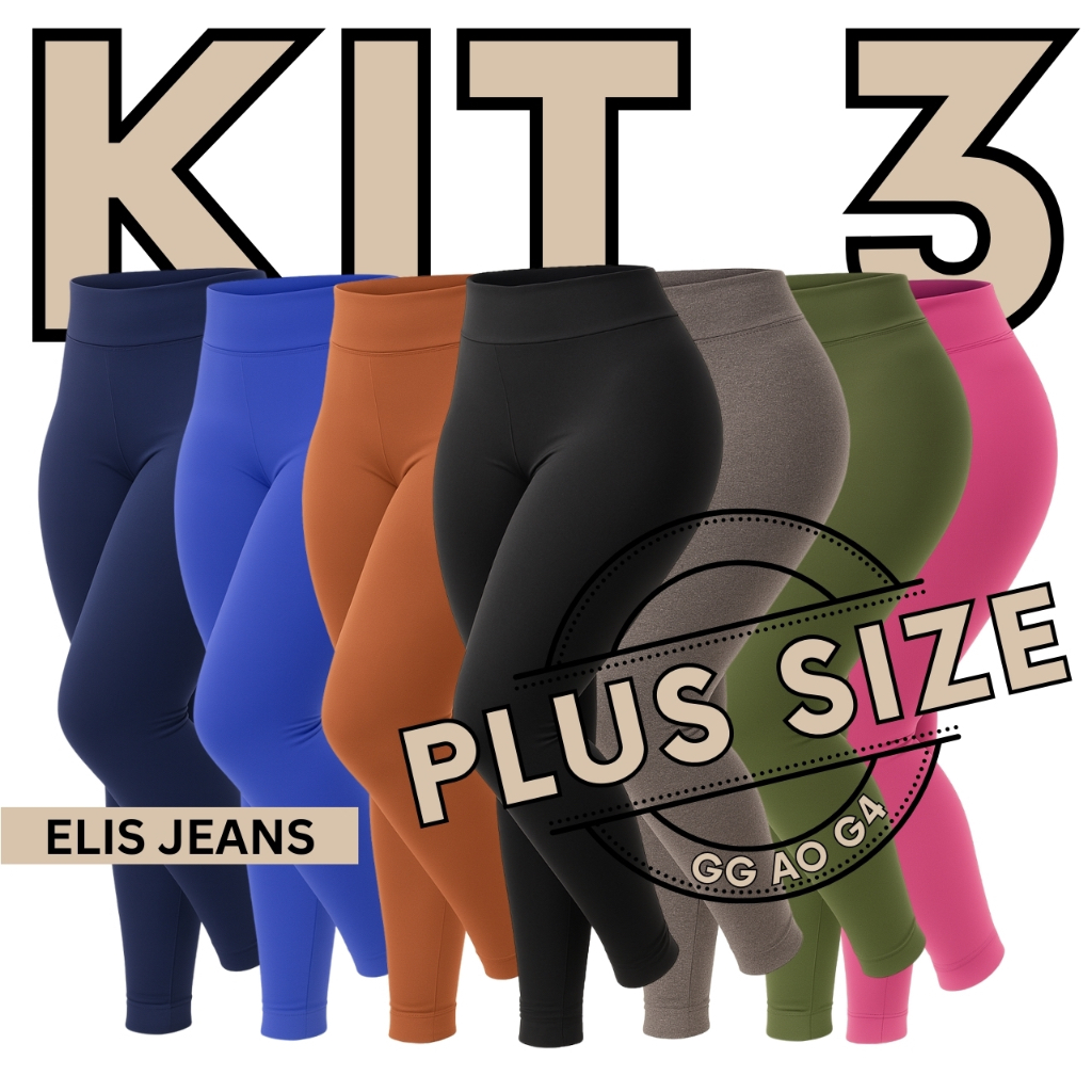 Kit 3 Calças Legging Plus Size Fitness Feminina Cintura Alta Leg Suplex Academia Zero Transparência