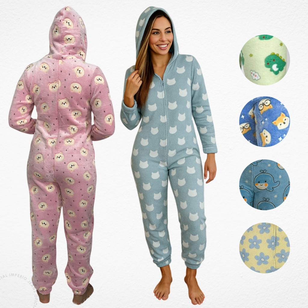 Macacão Pijama Adulto Com Capuz Peluciado Inverno Flanelado Manga Longa Quentinho em Oferta na Shopee