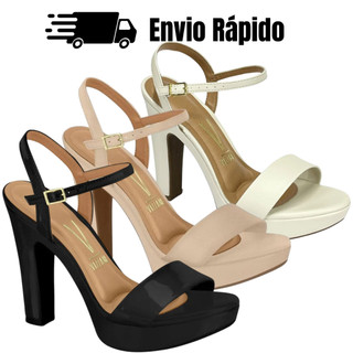 Sandália Feminina Salto Grosso Meia Pata Vizzano Confortável Palmilha Acolchoada Preto Nude Branco Aberto Atrás Festa