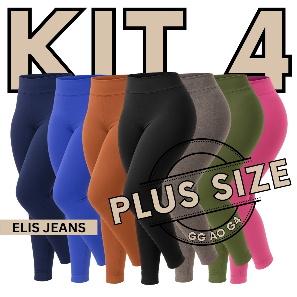 Kit 4 Calças Legging Plus Size Fitness Feminina Cintura Alta Leg Suplex Academia Zero Transparência
