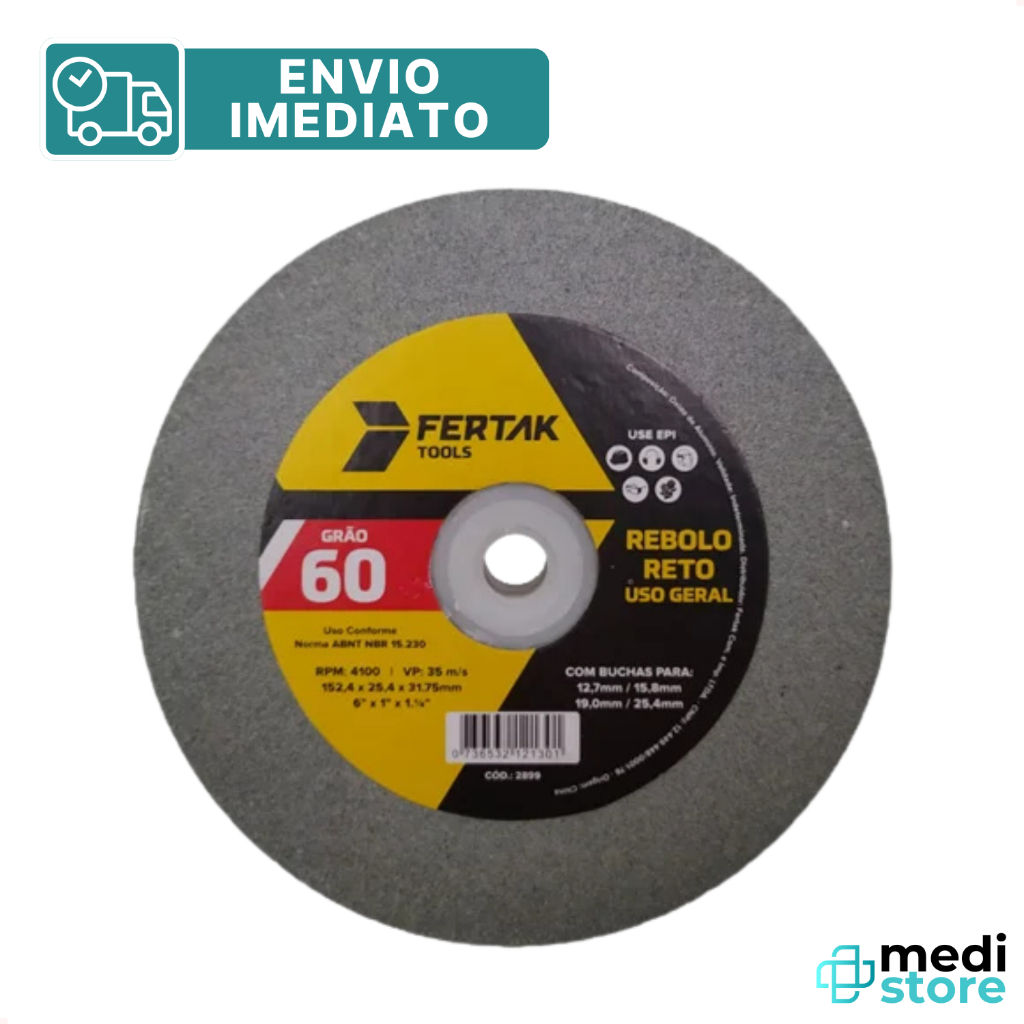 Rebolo Reto para Uso Geral 6 x 3/4 x 1.1/4 Grão 60 Fertak - Envio Imediato