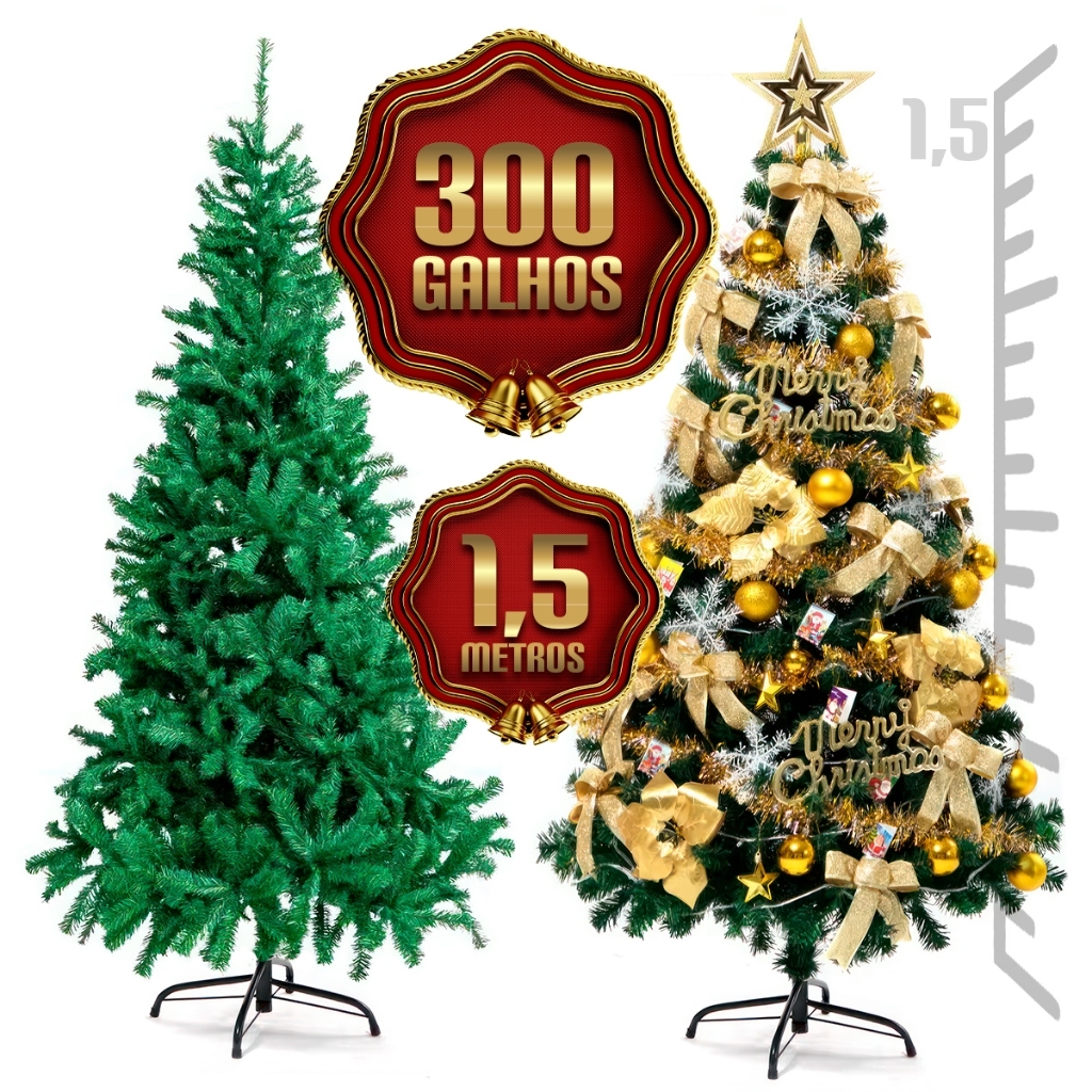 Árvore De Natal  150cm 300 Galhos  Tradicional Pinheiro Luxo Pé De Ferro 1,50 Metros Resistente