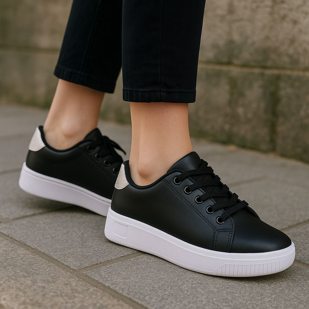 Tênis Plataforma Casual Feminino Jeans Sola Reta Brilho Confortável Promoção Envio 24h