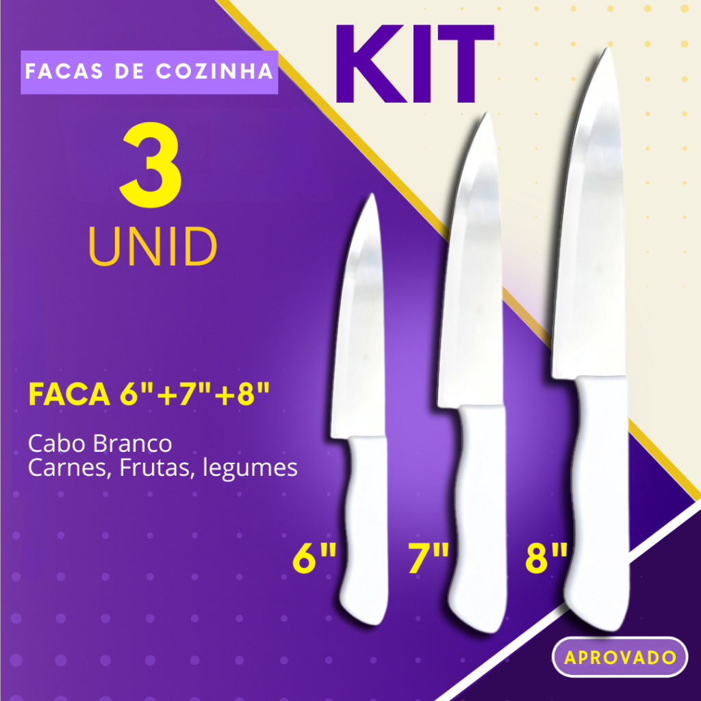 Kit 3 Unid - Faca Cozinha Inox Churrasco Açougue Uso Profissional Chef e Donas de Casa em Oferta na Shopee