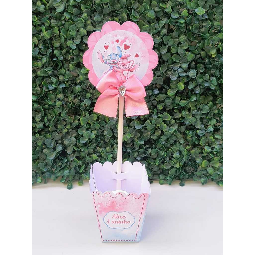 Kit de Centro de mesa  Stitch e Angel Personalizado | Arranjo Cachepô Lembrancinha Festa