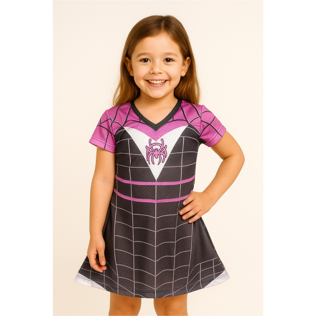 Vestido Fantasia menina Infantil Super Heróis Festa Aniversario, festa escolar Mulher Aranha GWEN