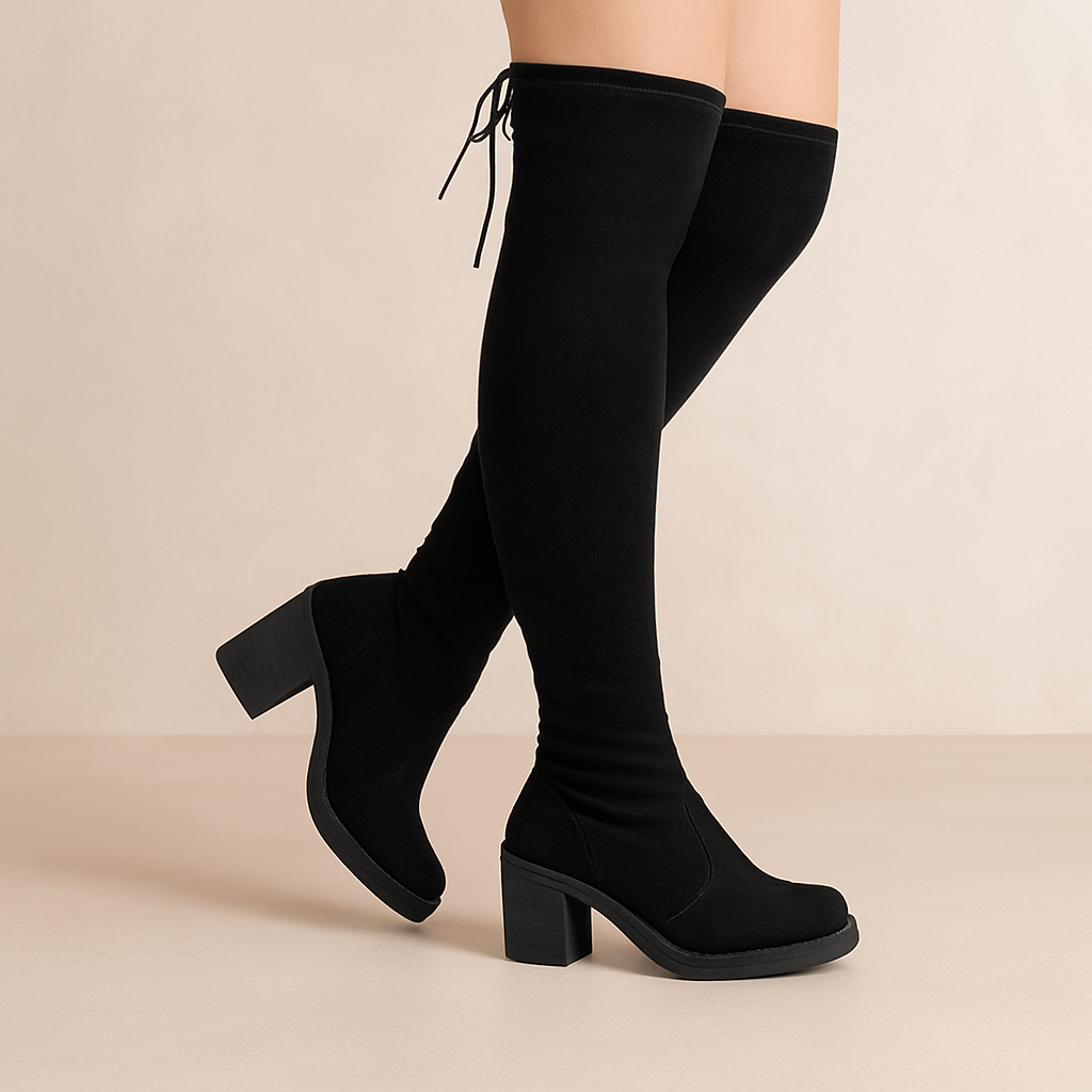 Bota Feminina Over Cano Longo Salto Bloco Médio The Knner Stretch Estiloso Confortável AC