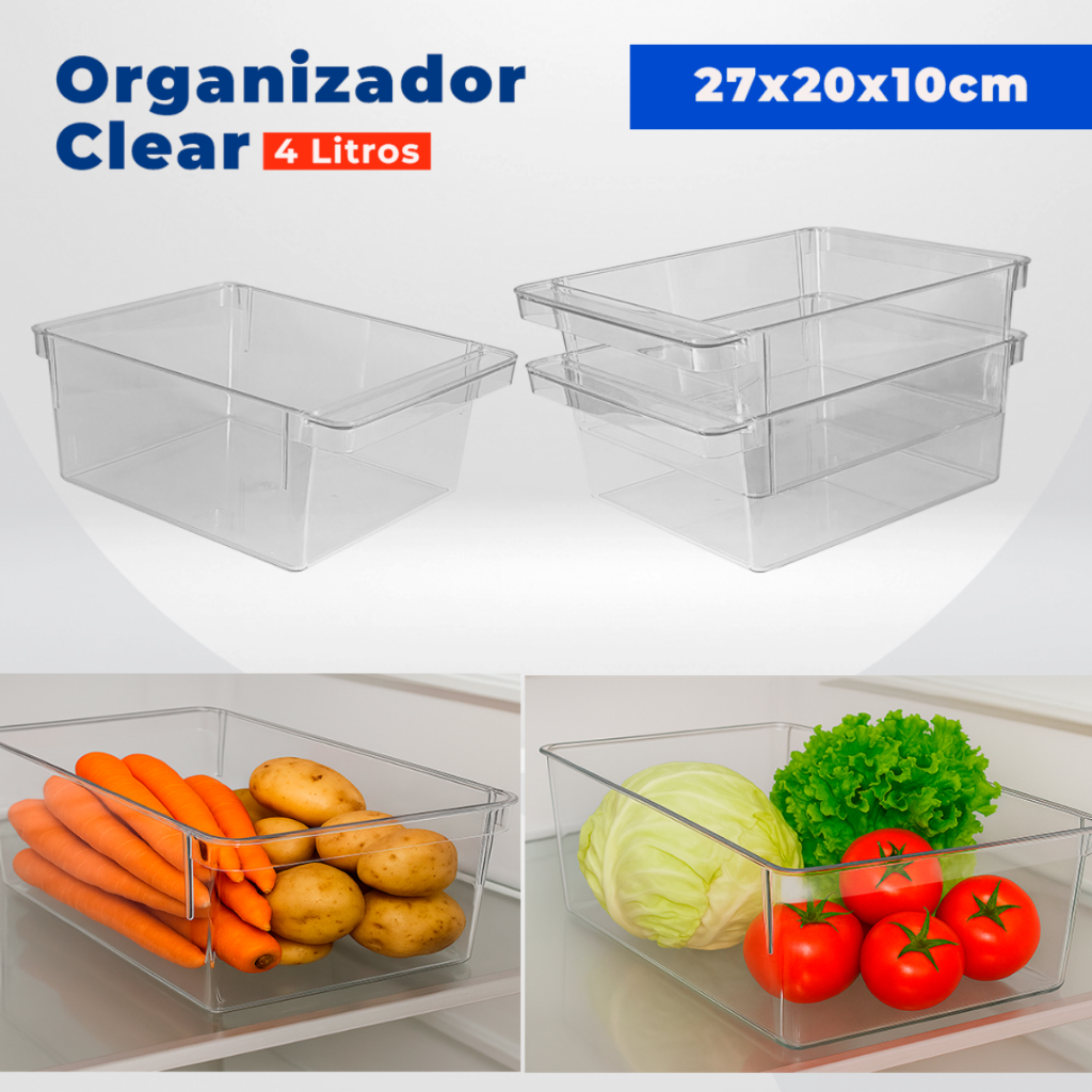 3 Organizadores 27x20x10 com Puxador para Geladeira Dispensa Armário Organização de Alimentos
