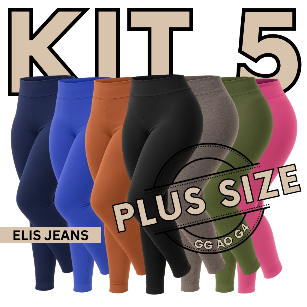 Kit 5 Calças Legging Plus Size Fitness Feminina Cintura Alta Leg Suplex Academia Zero Transparência