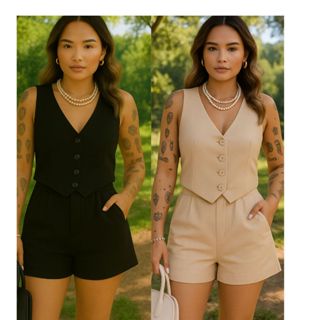 CONJUNTO FEMEININO EM ALFAIATARIA  IDEAL PARA TRABALHO OU PASSEIOS  ;COLETE + SHORTS em Oferta na Shopee
