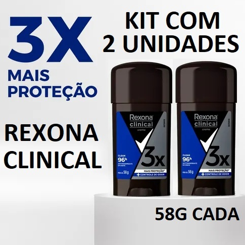 Kit C/2 Rexona Clinical Stick Creme 58g Cada Desodorante Antitranspirante Clean/Classic/Extra Dry