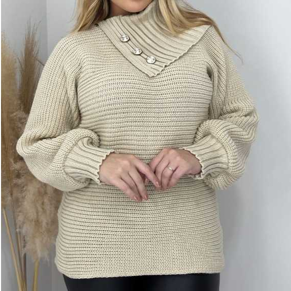 Blusa de frio tricô gola caída assimétrica botão manga despojada tricot