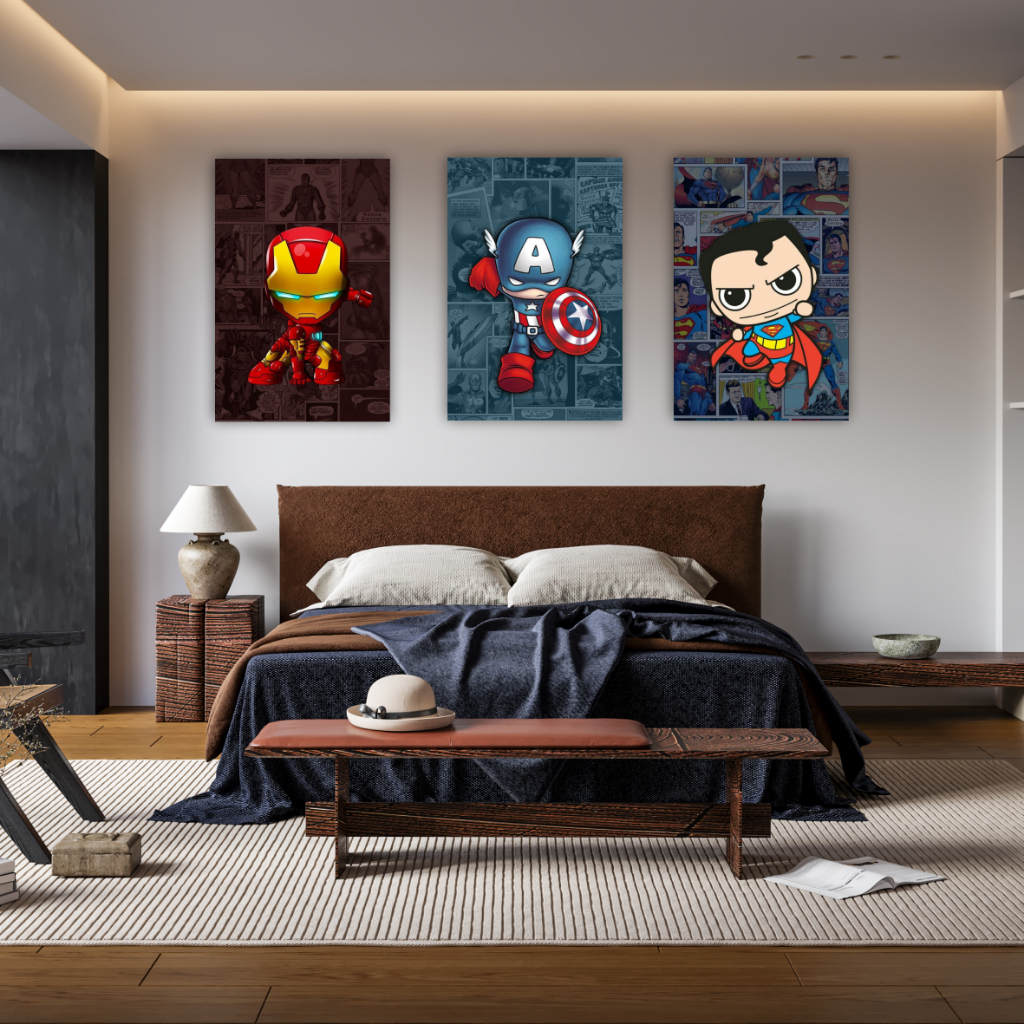 Quadro Decorativo Super Heróis Infantil Homem Aranha Homem de Ferro Super Man Para Criança Decoração