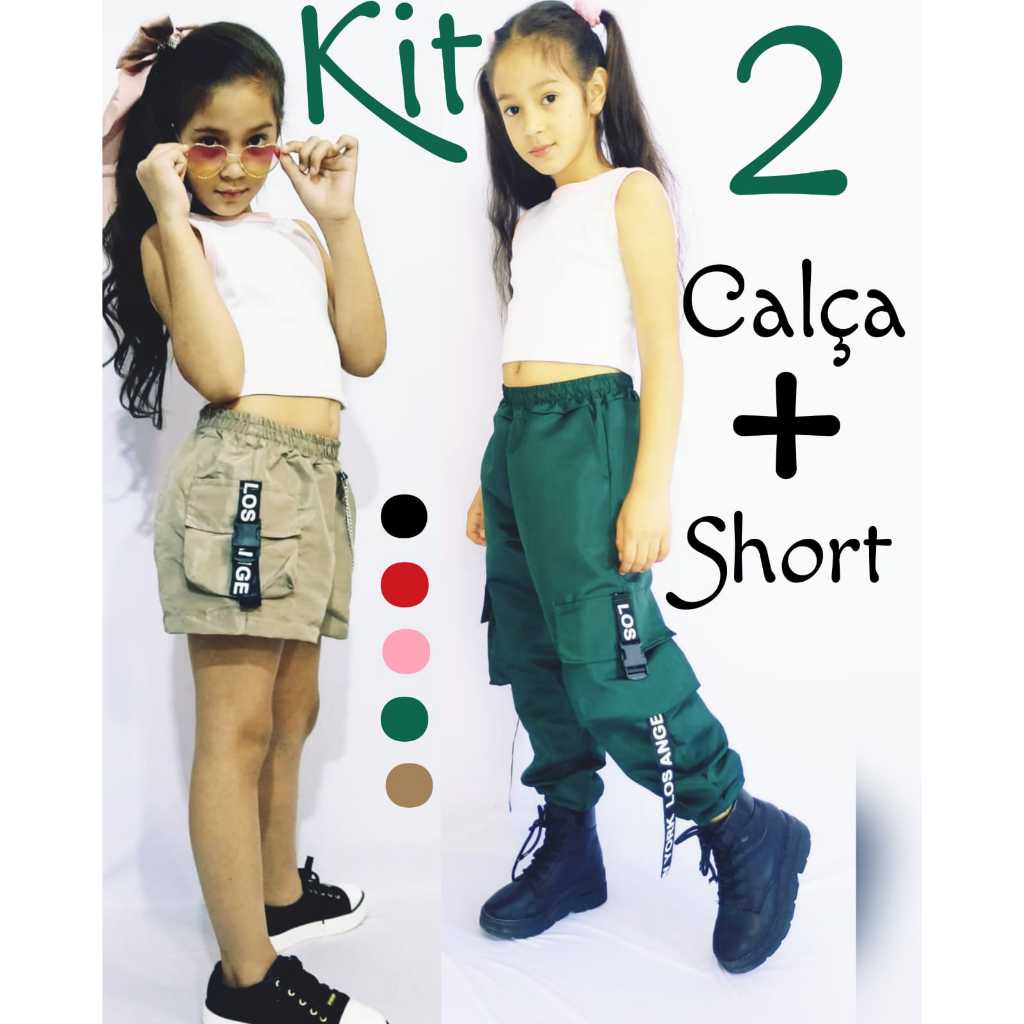 KIT 2 uma calça + short infantil juvenil feminina blogueira escola top