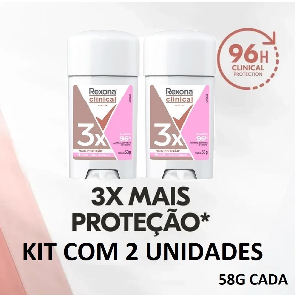 KIT Com 2 Rexona Clinical Stick Creme 58g Cada Desodorante Antitranspirante Classic/Clean/Extra Dry em Oferta na Shopee