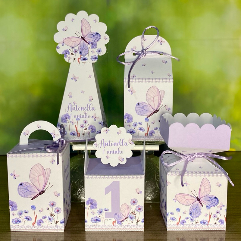 Kit Caixinhas Personalizadas Jardim das Borboletas LILÁS  Lembrancinhas Personalizados