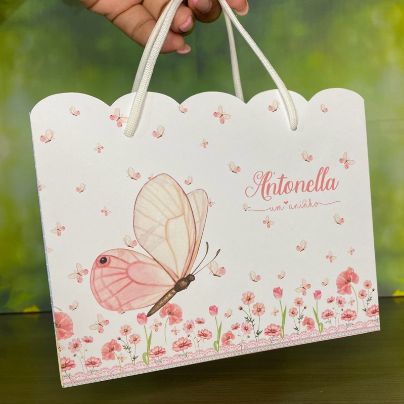 Sacolinha Personalizada JARDIM DAS BORBOLETAS ROSA Lembrancinhas Para Festa Sacola