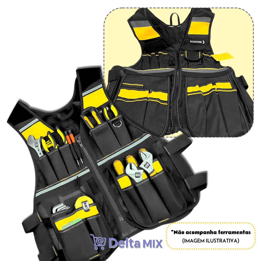 Colete Porta Ferramentas Profissional com Múltiplos Bolsos e Compartimentos, Ferramentas Organizadas