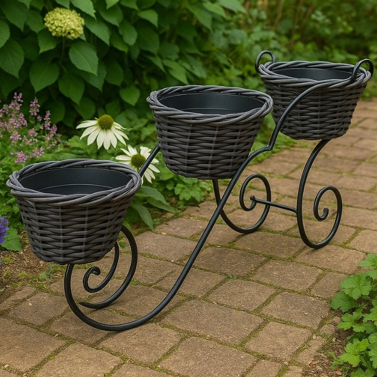 Suporte Jardineira 3 Vasos Móvel Preto Ferro Inoxidável