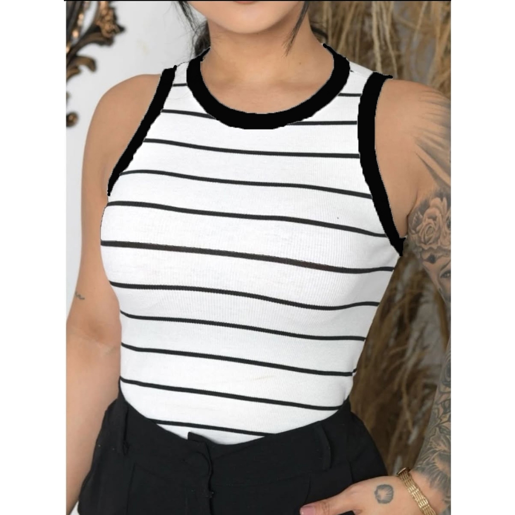 Camiseta Feminina Regata Canelada Listrada Gola Preto Camiseta Básica Blusa Regata Casual