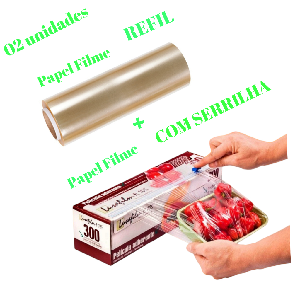 kit 2 unid. plástico filme embalagem de alimento  com Serrilha corte mais REFIL reserva reposição