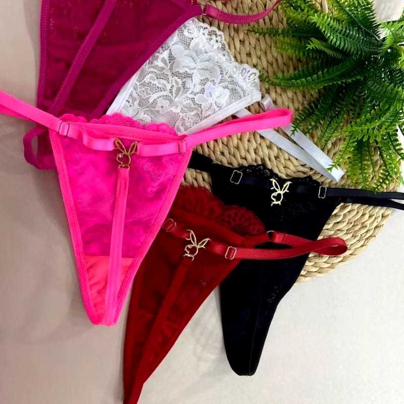kit 3 Tangas Playboy Neon renda Lingerie Sensual Coelhinha com Pingente Fio Dental