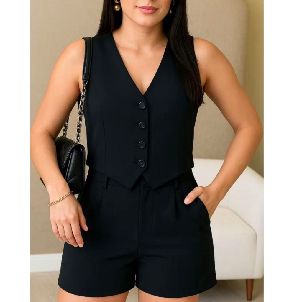 GRAM OFERTA!!  CONJUNTO FEMININO EM ALFAIATARIA EM COLETE E SHORTS CASUAL  LOOK MODERNO 2026