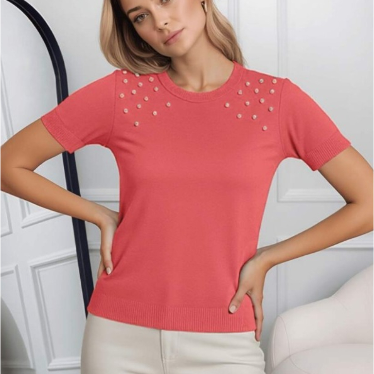 Blusa Feminina manga curta em Tricô Modal com Pérolas – Leve e Elegante